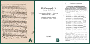 La “Georgii Monachi Chronographia, ab Adamo usque ad Diocletianum” di Geórgios Synkellos contenente la cronologia di Manetone apparve a stampa per la prima volta nel 1652. A destra, contrassegnata come “A” l’immagine di una pagina del manoscritto originale redatto tra il 784 e l’806 d.C. e a sinistra (“B”) una moderna ristampa il lingua inglese a cura della Oxford University Press.